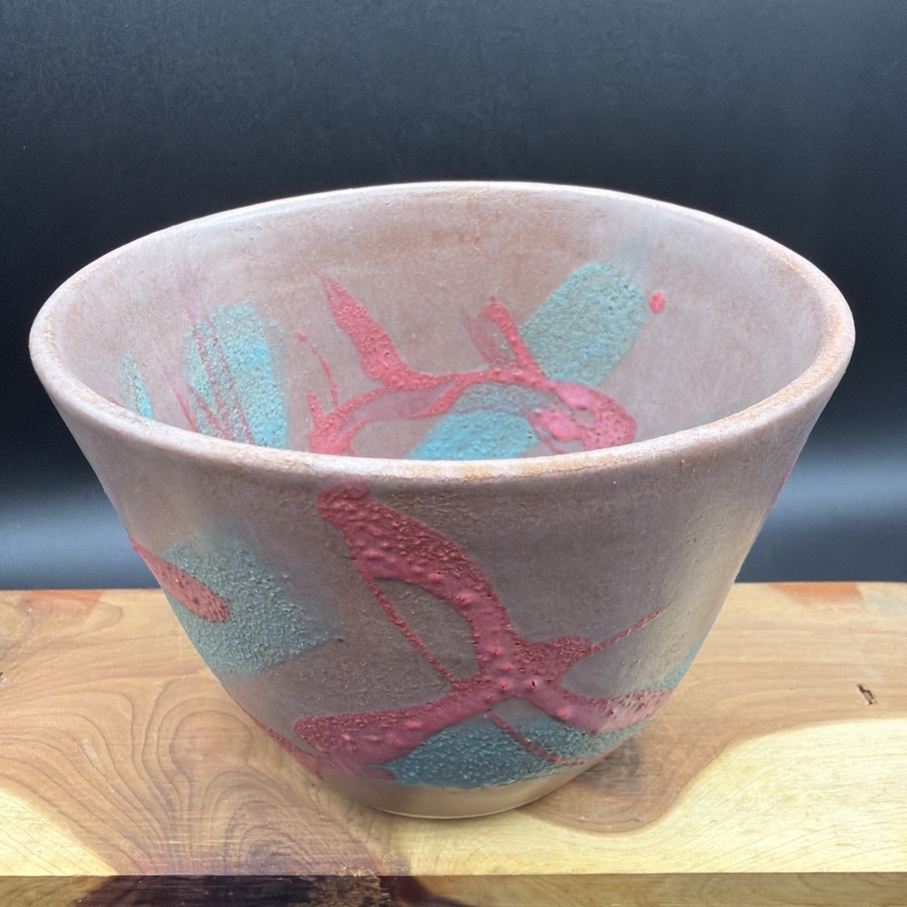 VTG Studio Art Pottery Pink Matcha Trinket Bowl Abstract Design Signed CF
